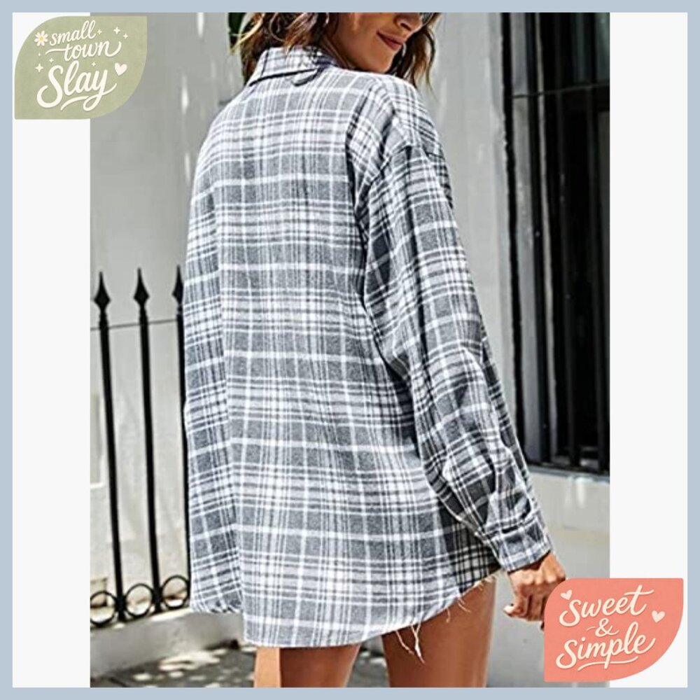 Oversized Flannel Button Down Shirt Long Sleeve Loose Fit Plaid Blouse - Picture 5 of 7